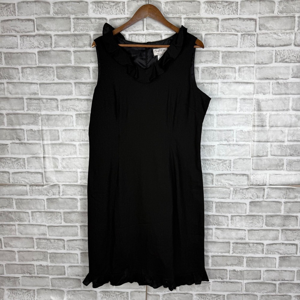 Mary McFadden Collection Black Linen Blend Ruffle Collar Sheath Dress Size 16